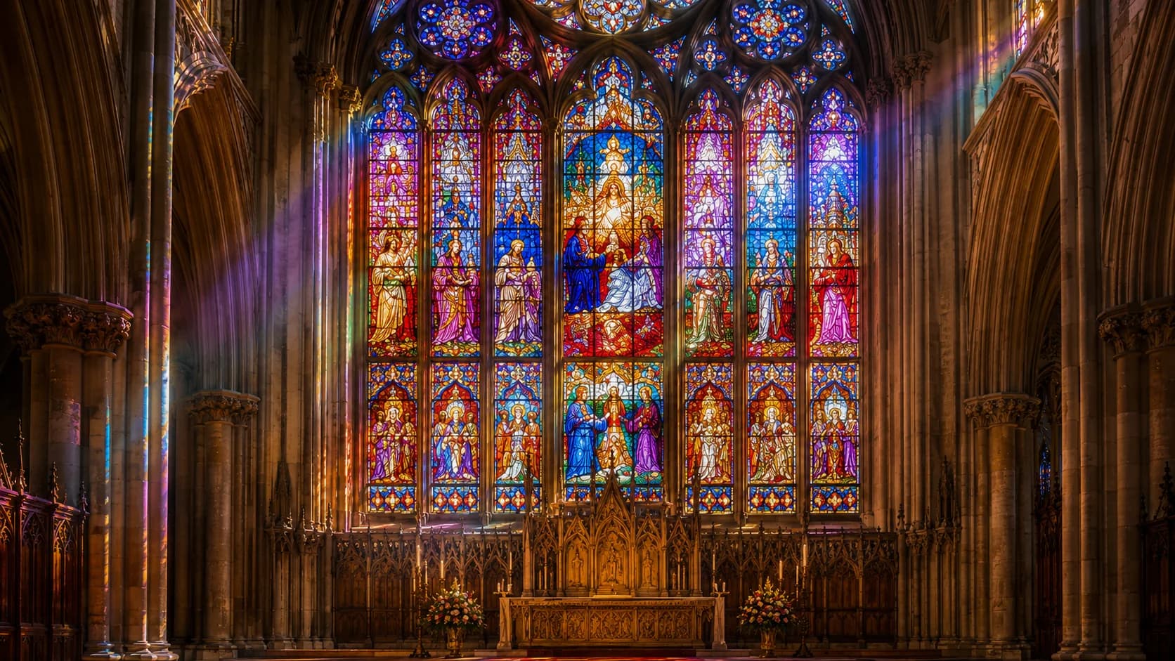 Church stained glass restoration in a cathedral interior in Southern California