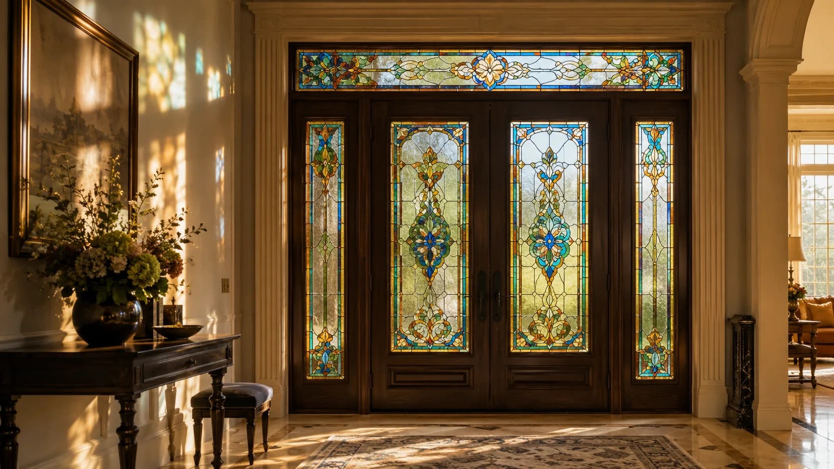 Custom stained glass entry doors for a Southern California architectural property