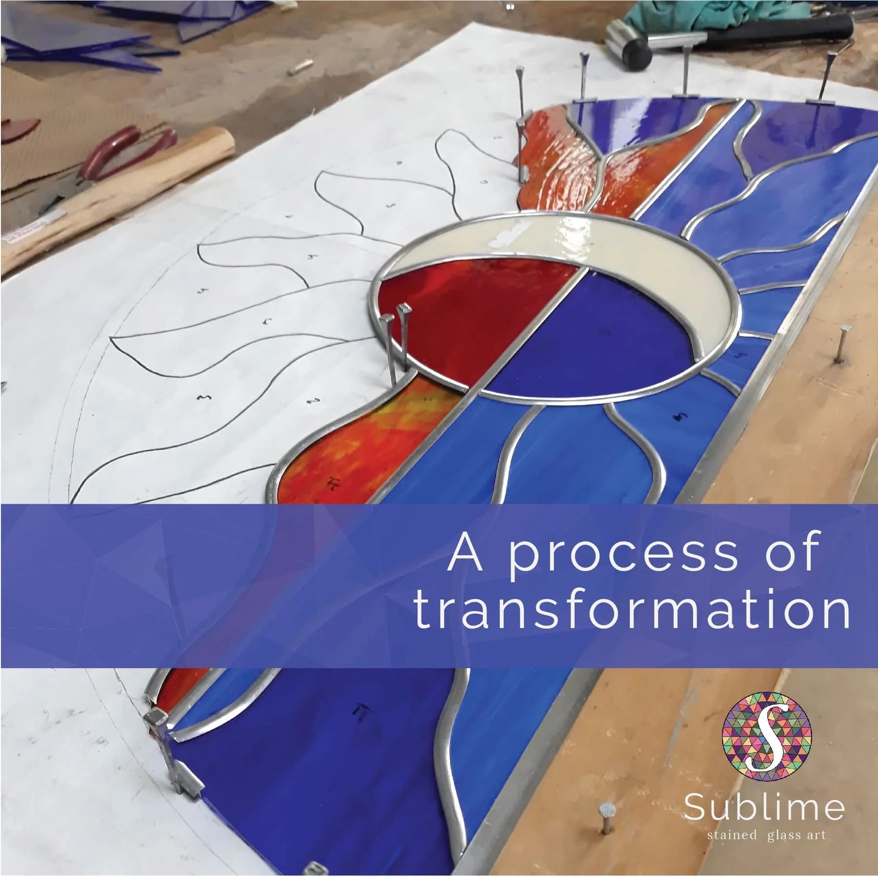 Stained glass restoration panel in progress showing a process of transformation